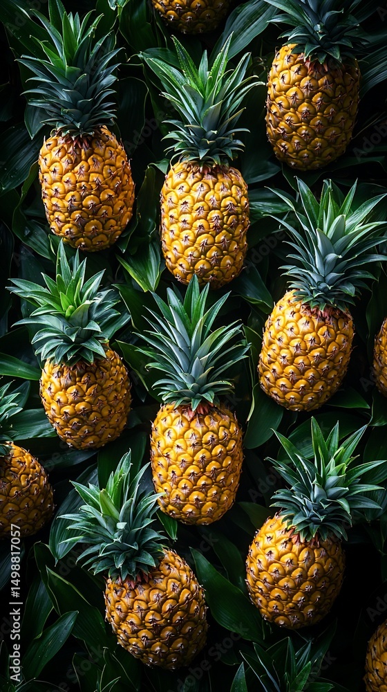 Close-up view of numerous ripe pineapples nestled amongst lush green foliage. The arrangement creates a vibrant, textured pattern Close-up view of numerous ripe pineapples nestled amongst lush green foliage. The arrangement creates a vibrant, textured pattern