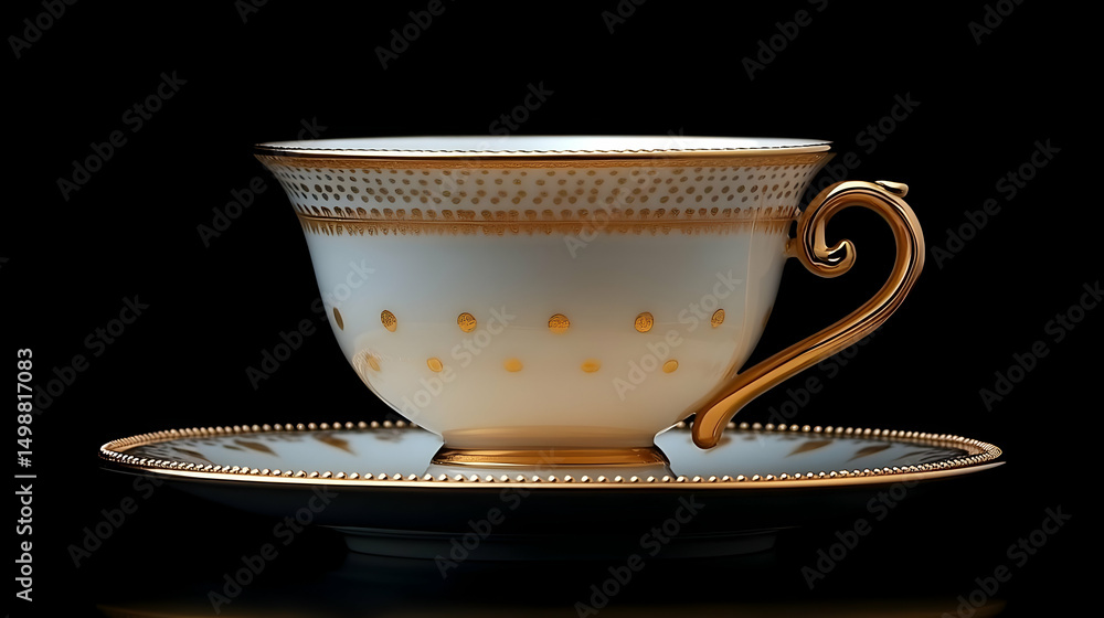 Fototapeta premium Elegant White Tea Cup with Gold Accents on Black Background