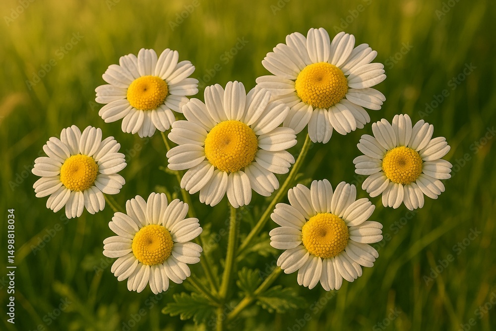 Fototapeta premium Close-Up of Delicate Feverfew Flowers in Full Bloom – Crisp White Petals Surrounding Bright Yellow Centers in a Lush Garden Setting