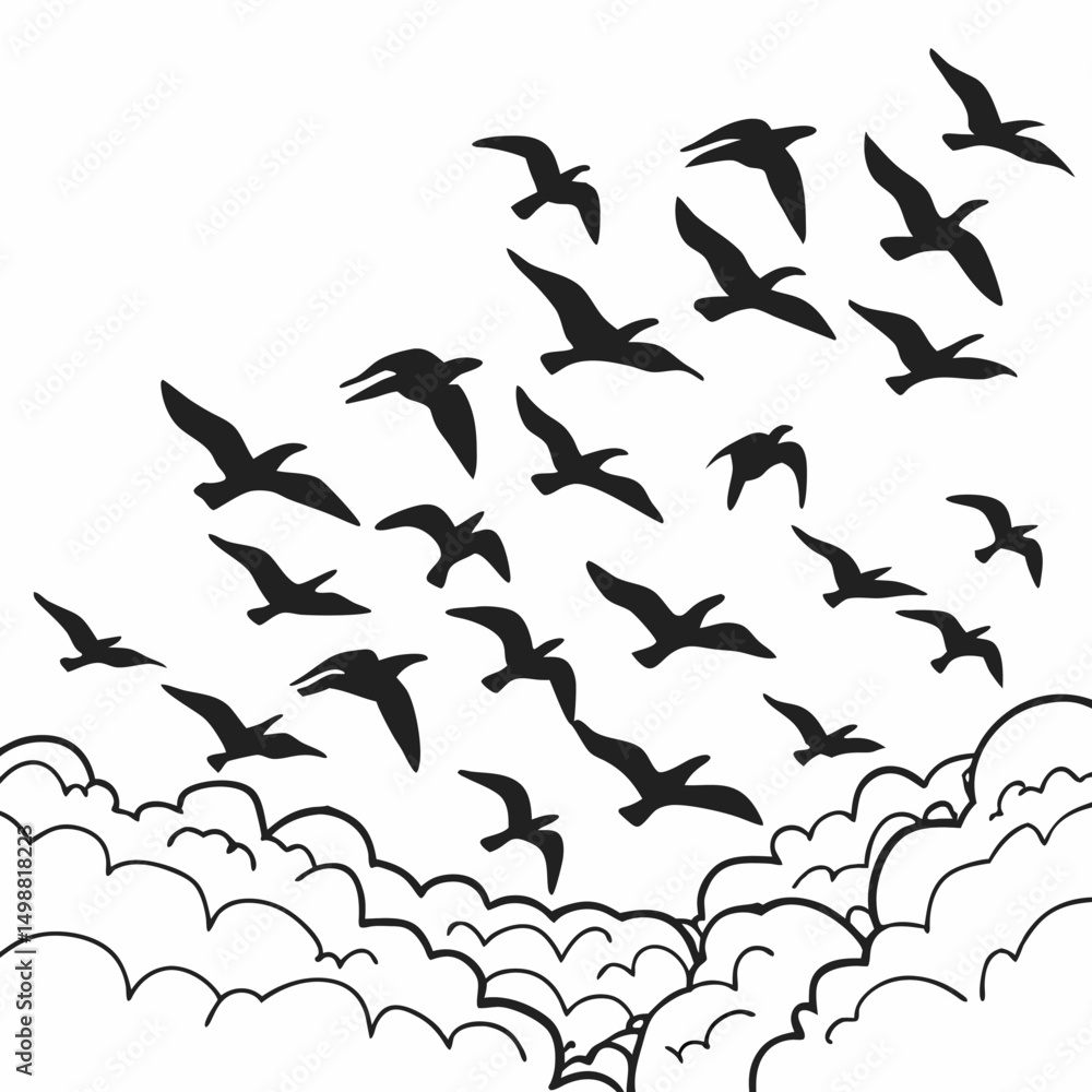 Obraz premium Seamless vector pattern of flying bird silhouettes in the sky