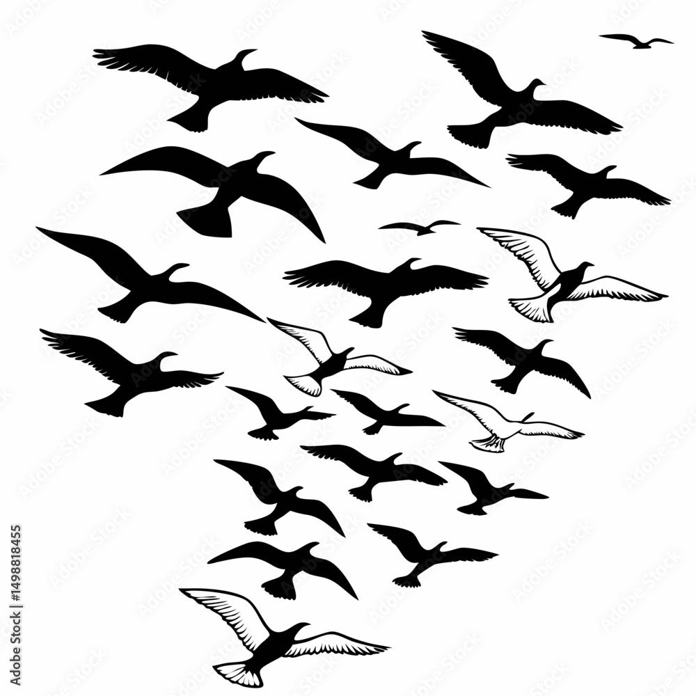Obraz premium A seamless vector silhouette set of black flying birds, including seagulls, crows, and other wild animals, isolated against the white sky, capturing their wings in nature's ocean wildlife illustration