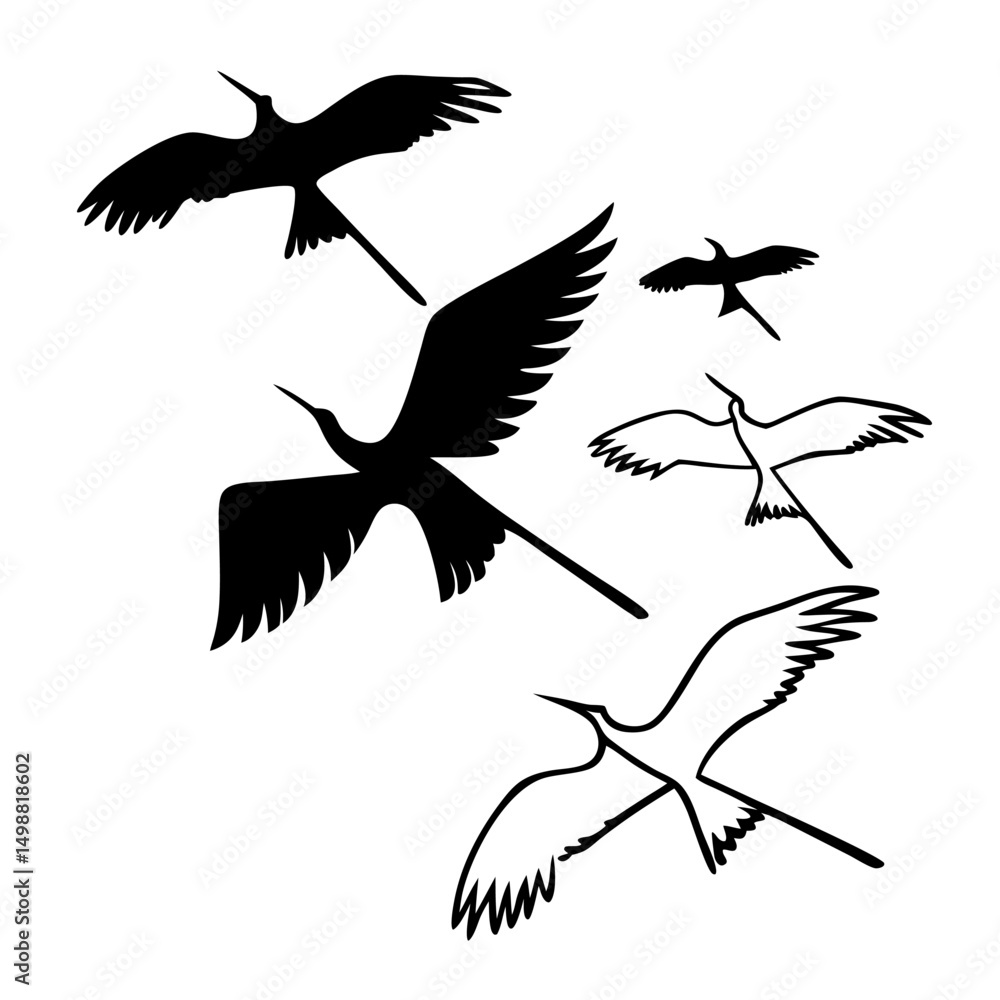 Obraz premium Flying bird silhouettes vector illustration set of eagles, hawks, and doves in flight