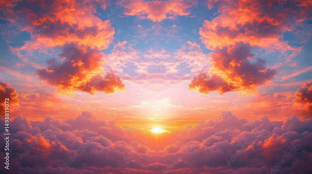 Fototapeta premium Vibrant sunrise or sunset above a sea of clouds with fiery orange and pink hues illuminating the sky and dramatic cloud formations creating a symmetrical scene