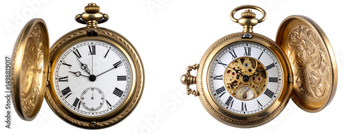  Classic Brass Pocket Watch with Roman Dial and Ornate Cover, Transparent Background PNG