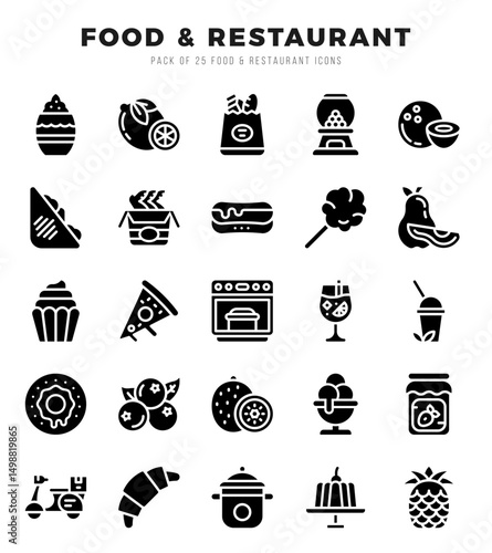 Food and Restaurant Glyph icons collection. Glyph icons pack. Vector illustration