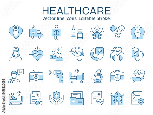 Healthcare icons, such as medicine, care, doctor, treatment and more. Vector illustration isolated on white. Editable stroke. Change to any size and any color.