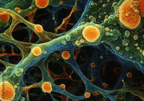 Detailed microscopic view of a complex cellular network with spherical structures and interconnected fibrous strands in vibrant colors