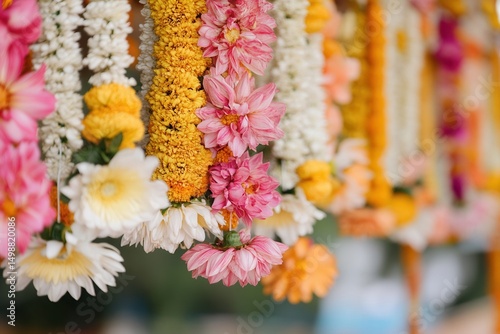 Colorful flower garlands in honor of Indian festival for offering or decoration of temple with deity Saraswati, Lakshmi or Shiva	
