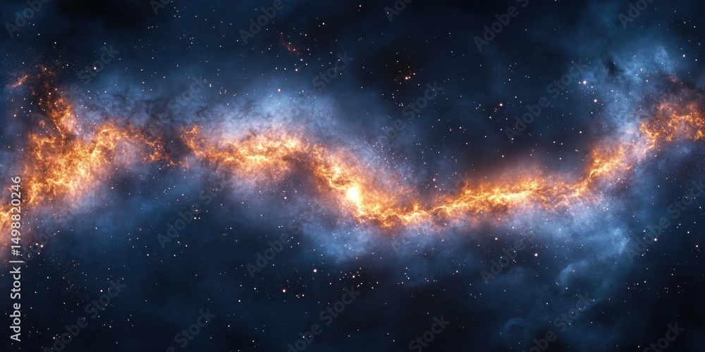 Obraz premium Vivid cosmic scene showing a swirling orange and blue nebula with numerous bright stars scattered across the dark space background, evoking a sense of wonder and vastness