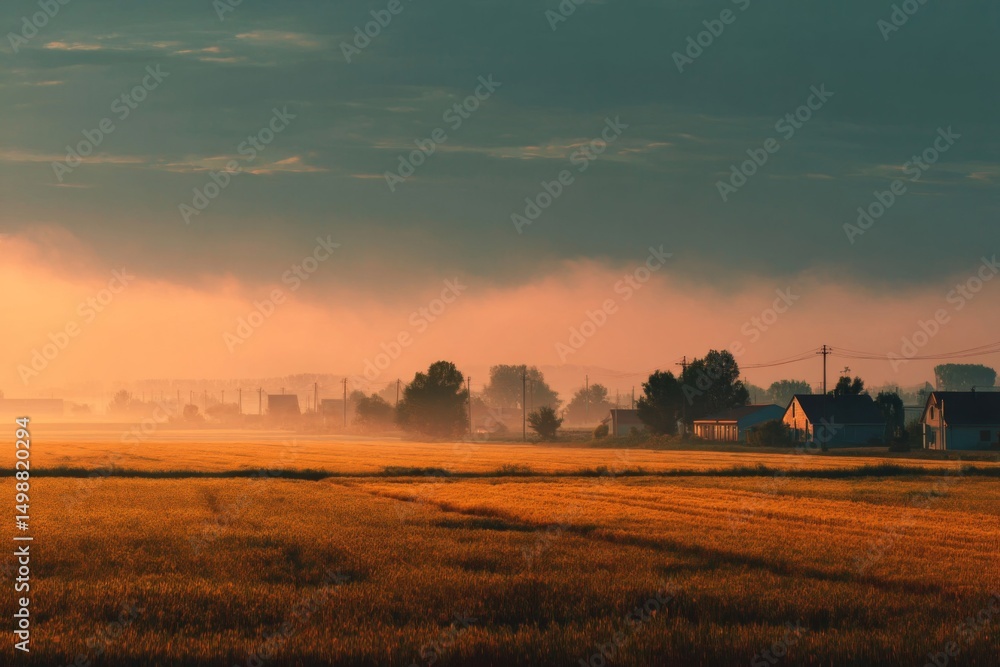 Fototapeta premium Misty Sunrise Over Rural Village Fields