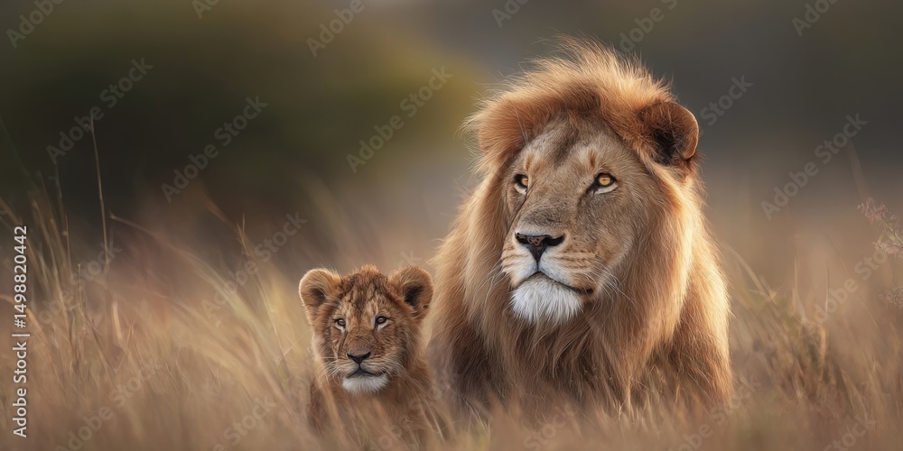 Fototapeta premium Majestic lion and cub resting in golden grass during sunset in African savanna