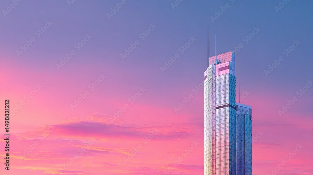 Obraz premium Reflective Skyscraper Against Vibrant Pink Sunset Sky