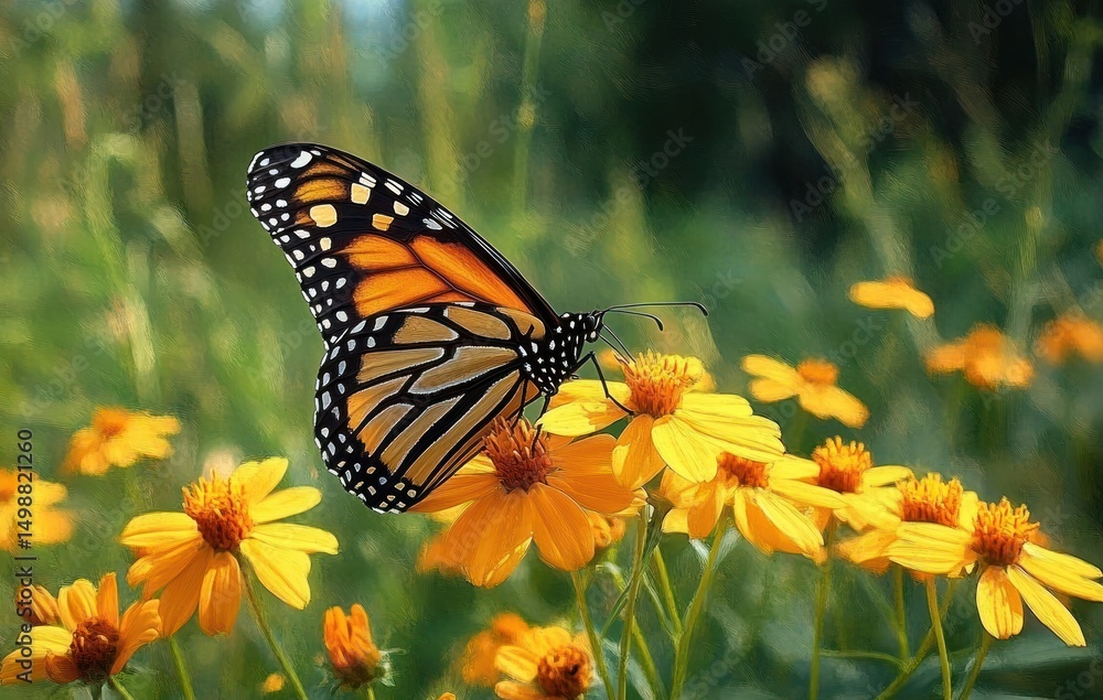 Naklejka premium close-up of an orange and black butterfly perched on bright yellow wildflowers with green blurred background