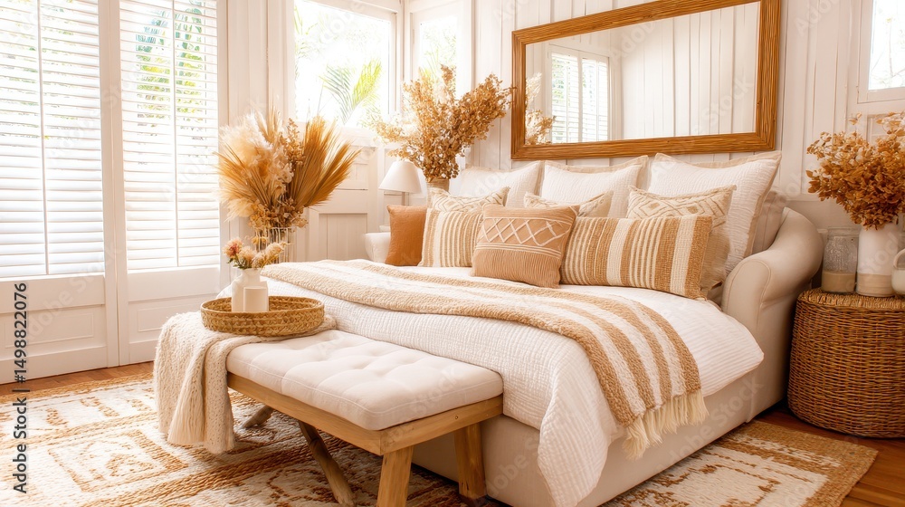 Obraz premium Cozy and stylish bedroom with neutral tones, decorative pillows, and natural elements