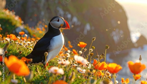 Horned Puffin on Coastal Cliff Among Wildflowers at Sunset – Atlantic Seabird in Blooming Summer Landscape