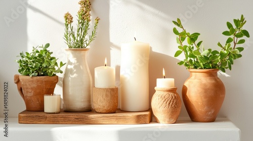 Rustic Home Decor with Candles and Green Plants in Natural Light