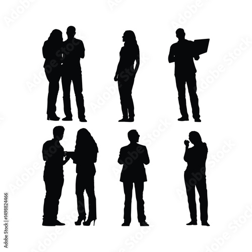 Professional Silhouette Set of Young Businessmen and Businesswomen Standing in Groups Black and White Vector Collection of Male and Female Figures for Corporate, Teamwork, and Office Concepts