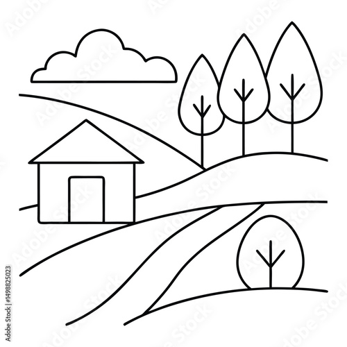 Simple black and white illustration of a rural landscape with a house and trees.