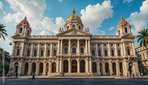 Historic Building Facade with Blue Sky and Palm Trees in Havana