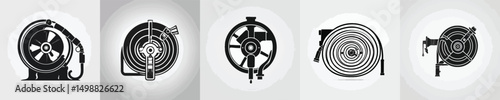 Fire Hose Reel Icon Set – Emergency Firefighting Equipment Silhouette Collection