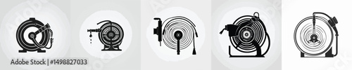 Fire Hose Reel Icon Set – Emergency Firefighting Equipment Silhouette Collection