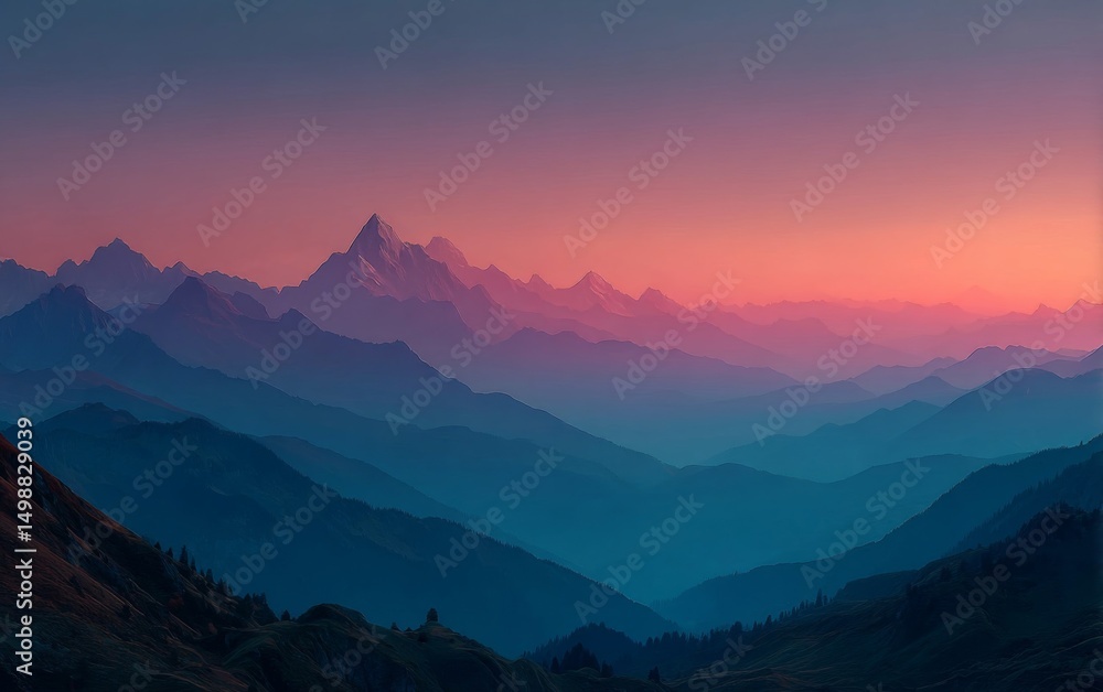 Obraz premium Pink and Blue Mountain Range at Sunset