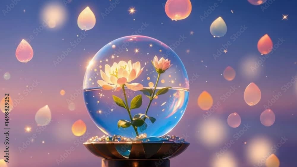 Glowing Fantasy Flower in Floating Glass Orb with Shimmering Liquid Under Twilight Sky – Conceptual Magic Art 4K video file download