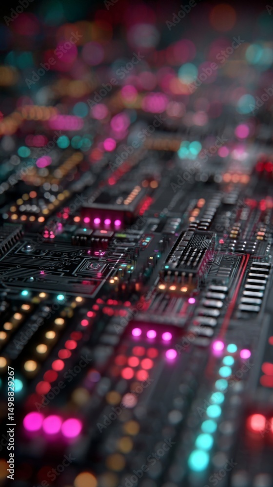 Glowing Circuit Board with Pink and Teal Lights Glowing Circuit Board with Pink and Teal Lights