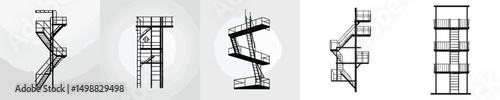 Emergency Escape Staircase Vector – Industrial Fire Exit, Firefighter Training Tower Icons