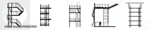Emergency Escape Staircase Vector – Industrial Fire Exit, Firefighter Training Tower Icons