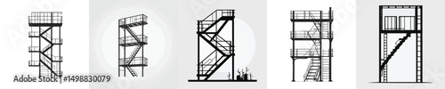 Emergency Escape Staircase Vector – Industrial Fire Exit, Firefighter Training Tower Icons