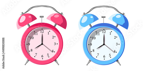 cartoon simple flat red and blue alarm clocks clip art design on transparent background.