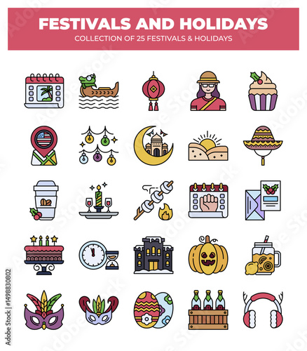 Collection of 25 Festivals and Holidays. Colorful Culture Celebration Icons