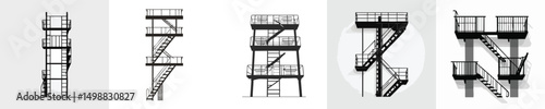 Emergency Escape Staircase Vector – Industrial Fire Exit, Firefighter Training Tower Icons
