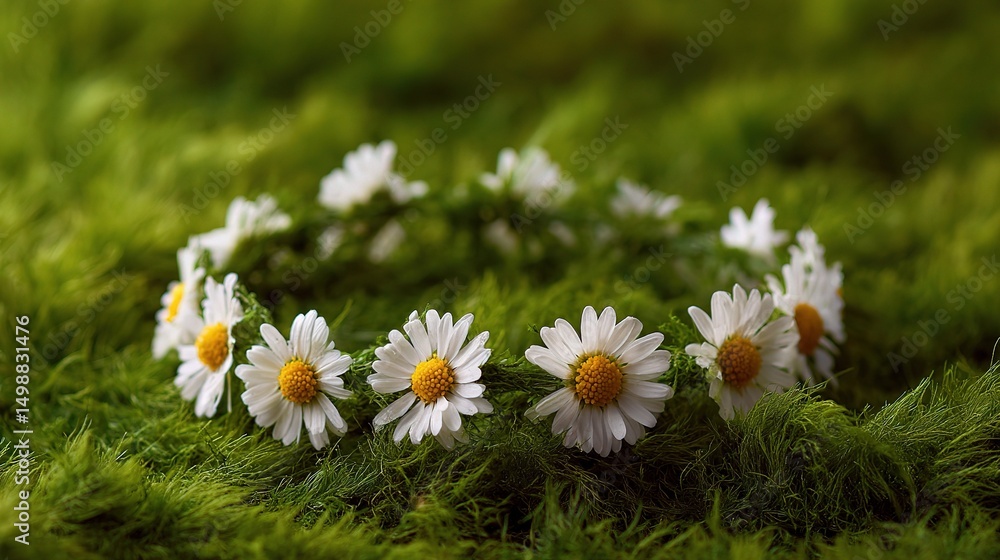Obraz premium Playful Daisy Crown on Soft Green Grass Background in Natural Light