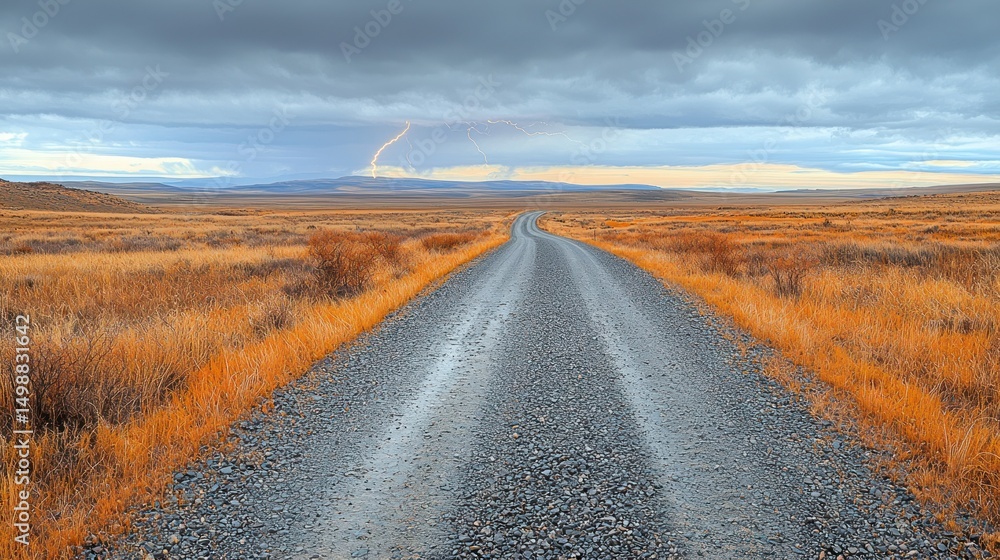 Naklejka premium Gravel road stretches into storm-swept plains