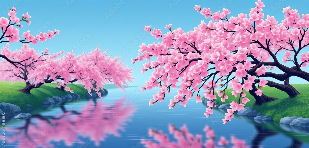 Pink cherry blossoms in full bloom line a tranquil river, flat vector landscape style, art, beautiful Pink cherry blossoms in full bloom line a tranquil river, flat vector landscape style, art, beautiful