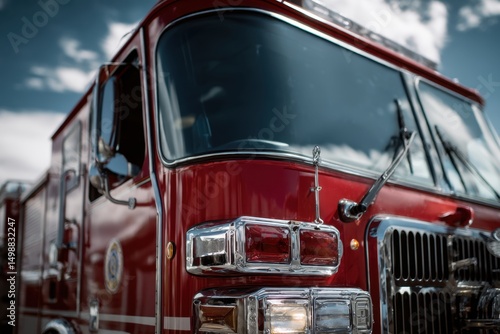 Red fire truck front view under sky