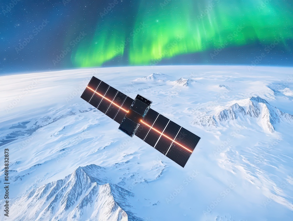 Fototapeta premium Satellite Above Earth with Aurora Borealis and Snowy Mountain Landscape in Background