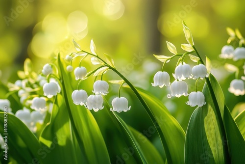 Fototapeta Naklejka Na Ścianę i Meble -  Beautiful closeup of lily of the valley flowers in full bloom, creating a stunning display of delicate white blossoms nestled among vibrant green leaves in a sunny garden setting