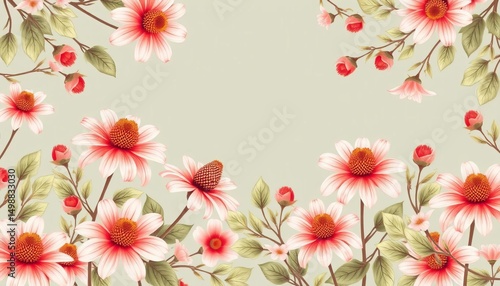Wallpaper Mural Delicate peach pink coneflower floral border, seamless vector illustration Hand-drawn style, abundant leaves and branches, ample copy space, elegant, coneflower Torontodigital.ca