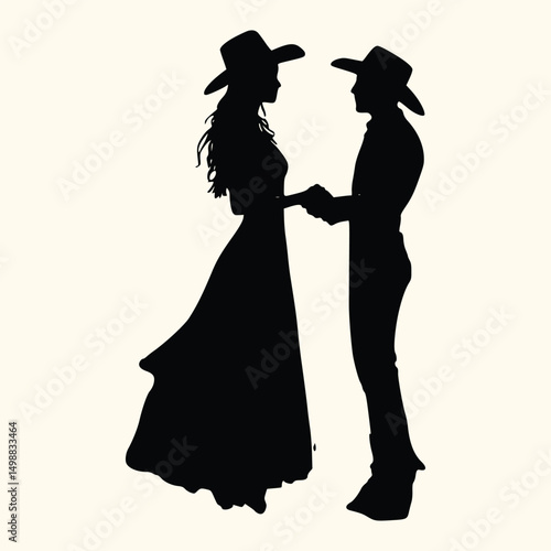Romantic Western Vector Silhouette of a Cowboy and Cowgirl Holding Hands, Wearing Hats, Symbolizing Love and Partnership