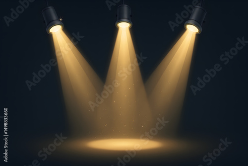 Wallpaper Mural Spotlight illumination: Three spotlights emit intense golden light, creating a striking focal point on a dark backdrop, ideal for emphasizing a stage or product display Torontodigital.ca