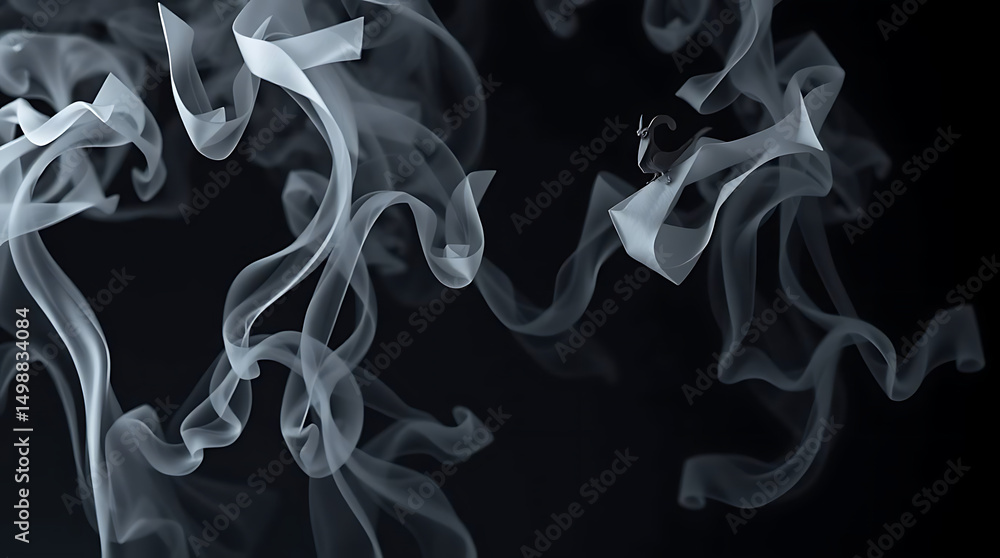 Fototapeta premium Wispy white smoke swirling and curling against a dark background, abstract texture