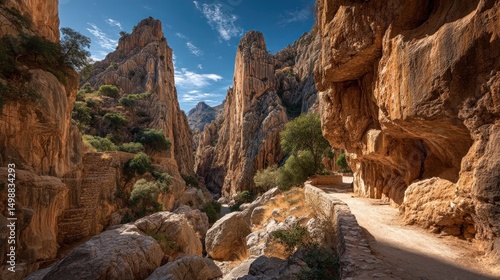 Scenic Hiking Trail Carved into the Cliffs of El Chorro Gorge, Malaga, Spain