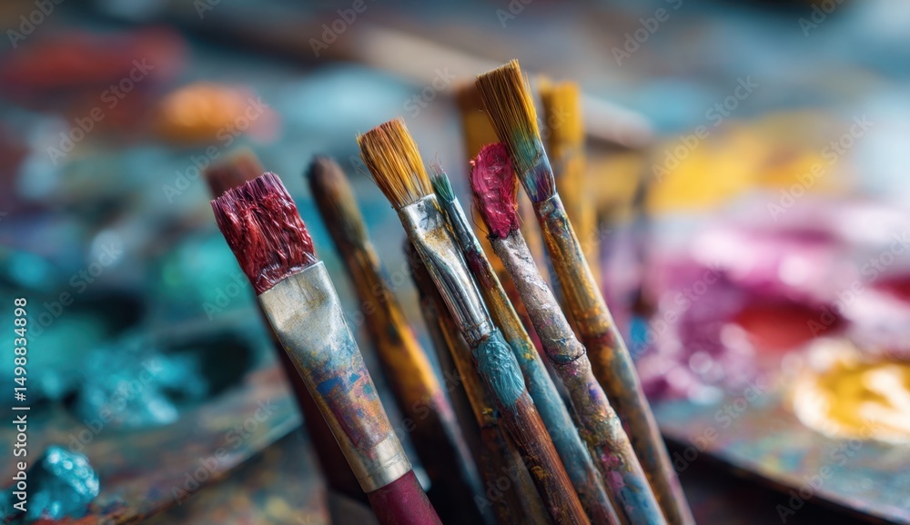 Fototapeta premium Paintbrushes with paint on palette