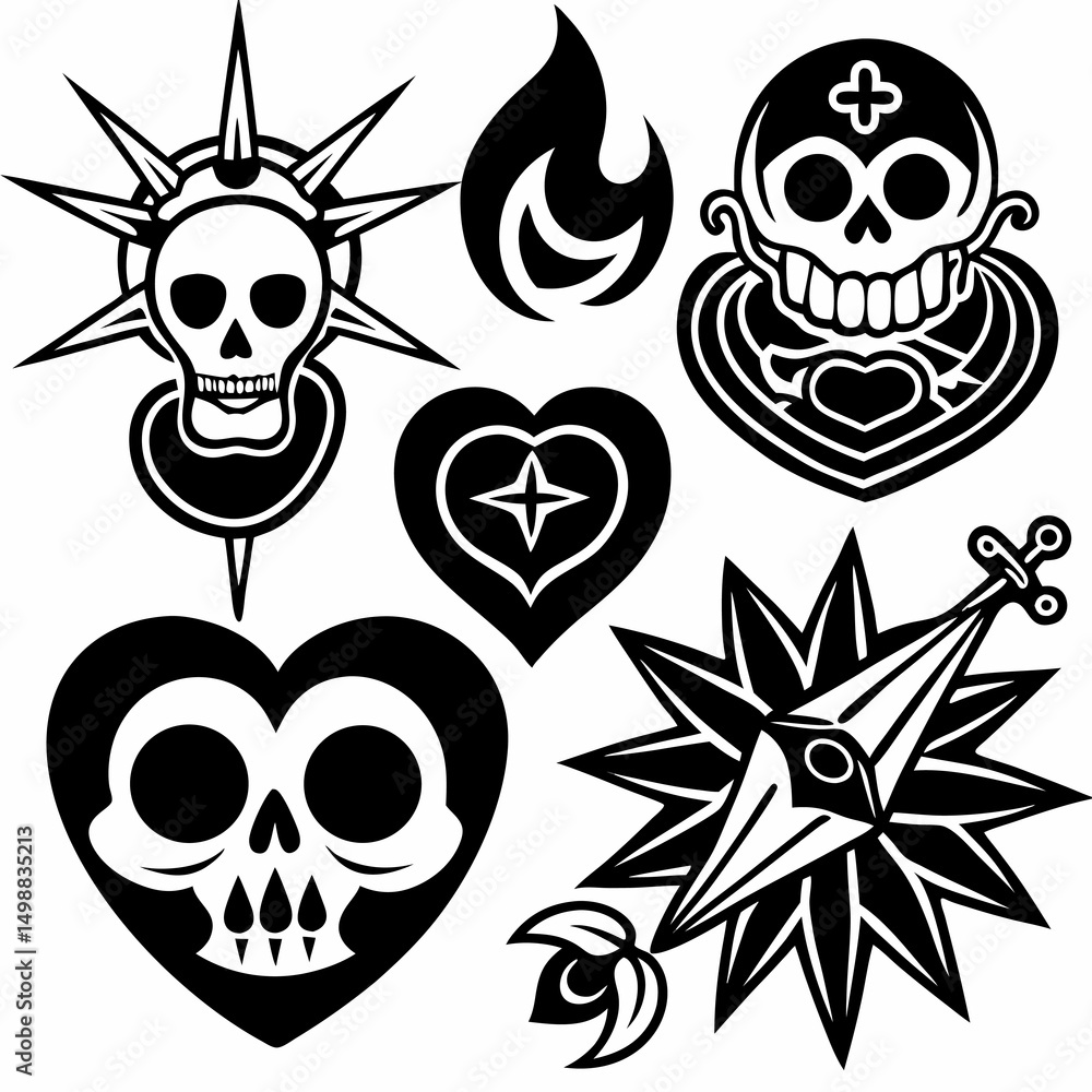 Fototapeta premium Vector grunge skull and crossbones illustration with gothic human skeleton heads, perfect for tattoo art, Halloween, or pirate danger symbols