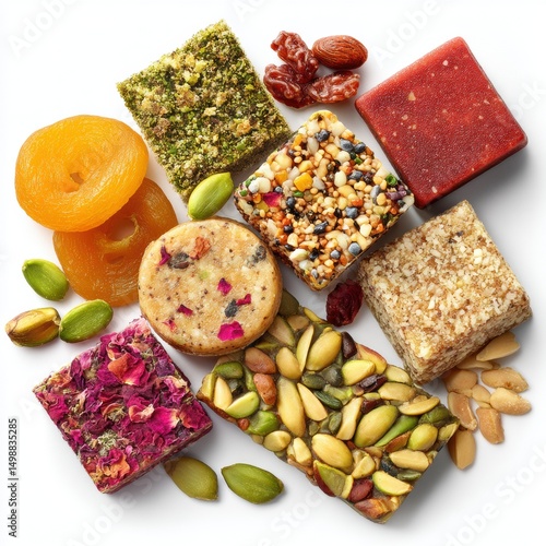 Assorted colorful traditional Middle Eastern Turkish delight candies with pistachios, dried fruits, and nuts on white background, variety of tasty sweets