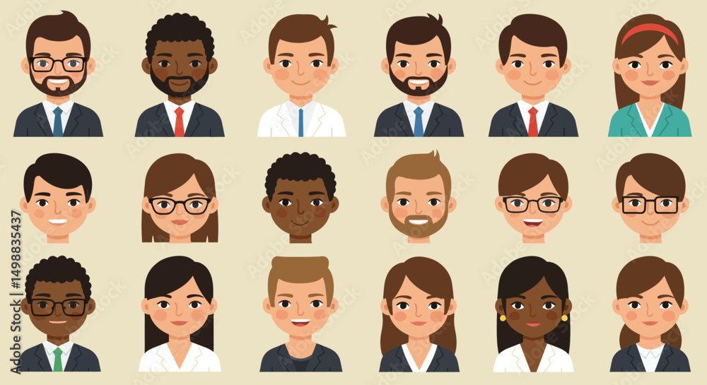 Diverse Collection of Illustrated Faces Representing Various Professions and Personalities Diverse Collection of Illustrated Faces Representing Various Professions and Personalities