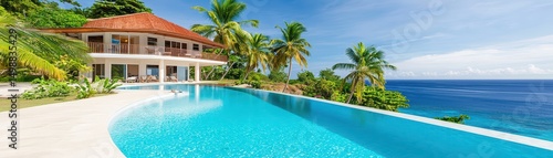 Wallpaper Mural Luxurious Tropical Villa with Infinity Pool Overlooking Blue Ocean and Lush Greenery in Bright Sunshine Torontodigital.ca